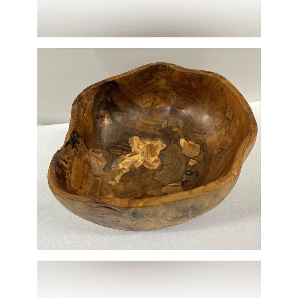 Vintage Pottery Barn Organic Teak Carved Wood Decorative Bowl - Natural Brown